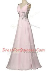 Stylish V-neck Sleeveless Brush Train Zipper Dress for Prom Baby Pink Chiffon