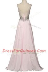 Stylish V-neck Sleeveless Brush Train Zipper Dress for Prom Baby Pink Chiffon