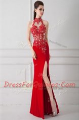 Column/Sheath Dress for Prom Red High-neck Silk Like Satin Sleeveless Floor Length Zipper