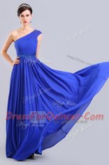 Classical One Shoulder Royal Blue Sleeveless Chiffon Side Zipper for Prom and Party