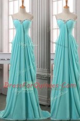 Turquoise Chiffon Zipper Prom Party Dress Sleeveless With Brush Train Ruching
