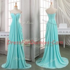 Turquoise Chiffon Zipper Prom Party Dress Sleeveless With Brush Train Ruching