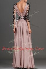 Sexy Pink Column/Sheath V-neck Long Sleeves Chiffon Floor Length Zipper Ruching Prom Dresses