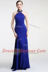 Traditional Royal Blue High-neck Zipper Lace Dress for Prom Sweep Train Sleeveless