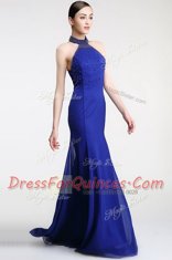 Traditional Royal Blue High-neck Zipper Lace Dress for Prom Sweep Train Sleeveless