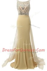 Dynamic Scoop Satin Sleeveless Evening Dress Brush Train and Beading