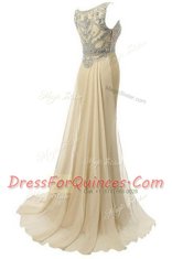 Dynamic Scoop Satin Sleeveless Evening Dress Brush Train and Beading