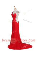 Coral Red Evening Dress Prom and Party and For with Beading One Shoulder Sleeveless Court Train Backless