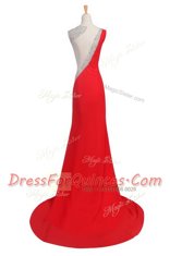 Coral Red Evening Dress Prom and Party and For with Beading One Shoulder Sleeveless Court Train Backless