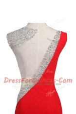 Coral Red Evening Dress Prom and Party and For with Beading One Shoulder Sleeveless Court Train Backless
