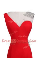 Coral Red Evening Dress Prom and Party and For with Beading One Shoulder Sleeveless Court Train Backless