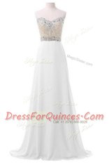 Decent Sleeveless Chiffon Floor Length Lace Up Prom Party Dress in White with Beading