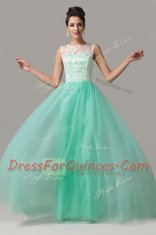 Decent Tulle Scoop Sleeveless Criss Cross Lace Prom Dress in Turquoise