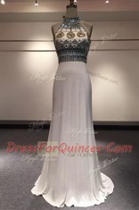 Perfect Brush Train Column/Sheath White High-neck Elastic Woven Satin Sleeveless With Train Zipper