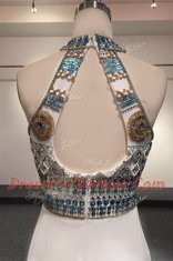 Perfect Brush Train Column/Sheath White High-neck Elastic Woven Satin Sleeveless With Train Zipper