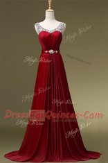 Pretty Wine Red Scoop Zipper Beading and Belt Prom Dresses Brush Train Sleeveless