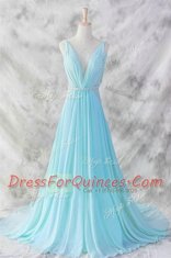 Baby Blue Sleeveless Brush Train Belt Prom Gown