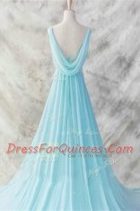Baby Blue Sleeveless Brush Train Belt Prom Gown
