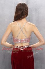 Spectacular Burgundy Scoop Neckline Beading and Appliques Prom Evening Gown Sleeveless Criss Cross