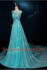 Customized Scoop Sleeveless Chiffon With Brush Train Zipper Prom Gown in Baby Blue with Beading and Appliques