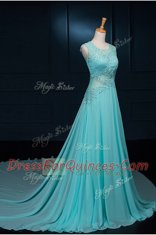 Customized Scoop Sleeveless Chiffon With Brush Train Zipper Prom Gown in Baby Blue with Beading and Appliques
