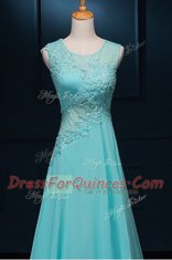 Customized Scoop Sleeveless Chiffon With Brush Train Zipper Prom Gown in Baby Blue with Beading and Appliques
