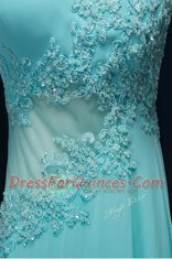 Customized Scoop Sleeveless Chiffon With Brush Train Zipper Prom Gown in Baby Blue with Beading and Appliques
