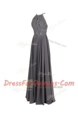 Floor Length Grey Homecoming Dress Spaghetti Straps Sleeveless Zipper