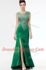 Dark Green Satin Zipper Prom Evening Gown Sleeveless Floor Length Sweep Train Beading and Appliques