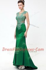 Dark Green Satin Zipper Prom Evening Gown Sleeveless Floor Length Sweep Train Beading and Appliques