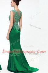 Dark Green Satin Zipper Prom Evening Gown Sleeveless Floor Length Sweep Train Beading and Appliques