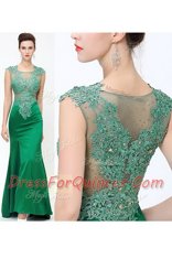 Dark Green Satin Zipper Prom Evening Gown Sleeveless Floor Length Sweep Train Beading and Appliques