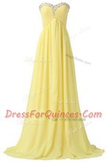 With Train Light Yellow Prom Party Dress Sweetheart Sleeveless Brush Train Lace Up