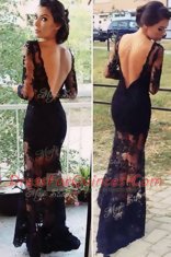 Scalloped Black Long Sleeves Organza Backless Dress for Prom for Prom and Party