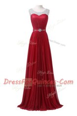 Flare Wine Red Scoop Zipper Beading and Ruching Evening Dress Brush Train Sleeveless