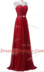 Flare Wine Red Scoop Zipper Beading and Ruching Evening Dress Brush Train Sleeveless