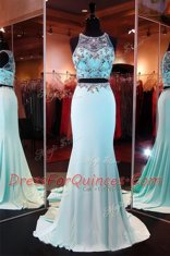 Enchanting Mermaid Scoop Sleeveless Brush Train Zipper Prom Dresses Aqua Blue Chiffon