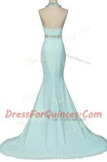 Admirable Mermaid Halter Top With Train Light Blue Prom Evening Gown Chiffon Brush Train Sleeveless Beading