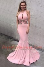 Mermaid Scoop With Train Pink Prom Party Dress Elastic Woven Satin Brush Train Sleeveless Appliques