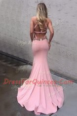 Mermaid Scoop With Train Pink Prom Party Dress Elastic Woven Satin Brush Train Sleeveless Appliques