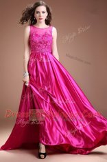 Bateau Sleeveless Floor Length Beading and Appliques Hot Pink Satin