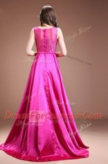 Bateau Sleeveless Floor Length Beading and Appliques Hot Pink Satin