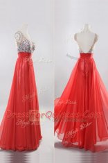 Noble V-neck Sleeveless Dress for Prom Floor Length Beading Coral Red Chiffon