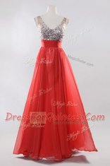 Noble V-neck Sleeveless Dress for Prom Floor Length Beading Coral Red Chiffon