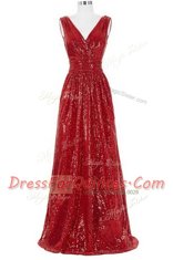 Red V-neck Neckline Sequins Prom Dresses Sleeveless Zipper