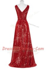 Red V-neck Neckline Sequins Prom Dresses Sleeveless Zipper