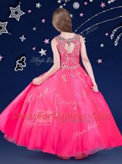Fancy Scoop Floor Length Zipper Toddler Flower Girl Dress Hot Pink for Quinceanera and Wedding Party with Beading