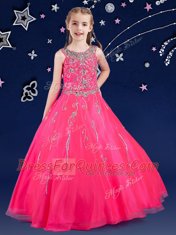 Fancy Scoop Floor Length Zipper Toddler Flower Girl Dress Hot Pink for Quinceanera and Wedding Party with Beading