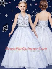 Stunning Ball Gowns Flower Girl Dresses White Halter Top Organza Sleeveless Floor Length Lace Up