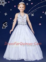 Stunning Ball Gowns Flower Girl Dresses White Halter Top Organza Sleeveless Floor Length Lace Up